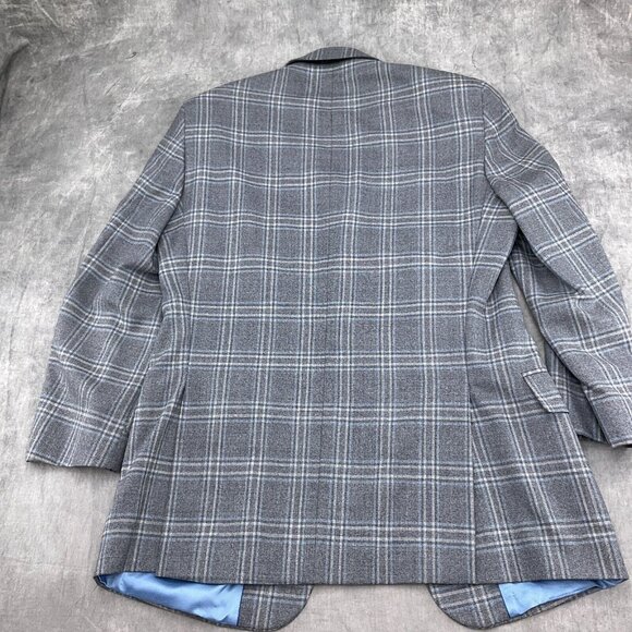 Unbranded Blazer Men 40 Gray Blue Windowpane Plaid Classic Wool Jacket Chile - Picture 9 of 12